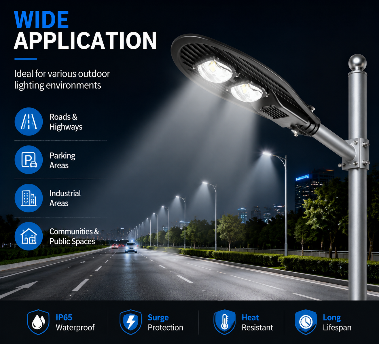 100W LED Street Light Outdoor Road Lamp with 2 High Brightness LED Modules, IP65 Waterproof Die-Cast Aluminum Housing, Energy Saving Parking Lot & Highway Lighting Fixture