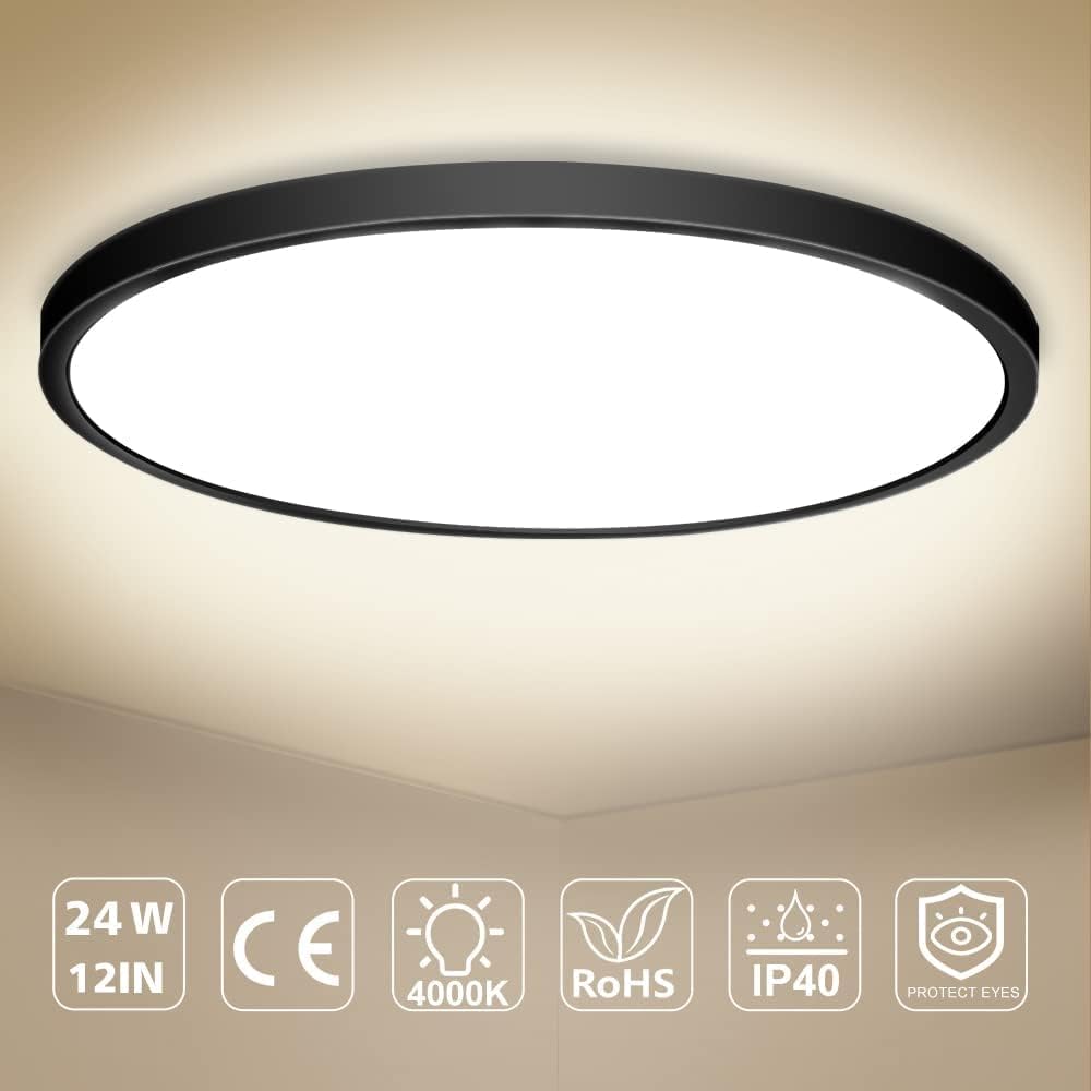Plafonnier LED rond AC 220–240 V – Noir – Options 12 W / 18 W / 24 W / 32 W – 3 000 K / 4 500 K / 5 000 K / 6 500 K – Plafonnier encastré – Stock local (Royaume-Uni/Allemagne)