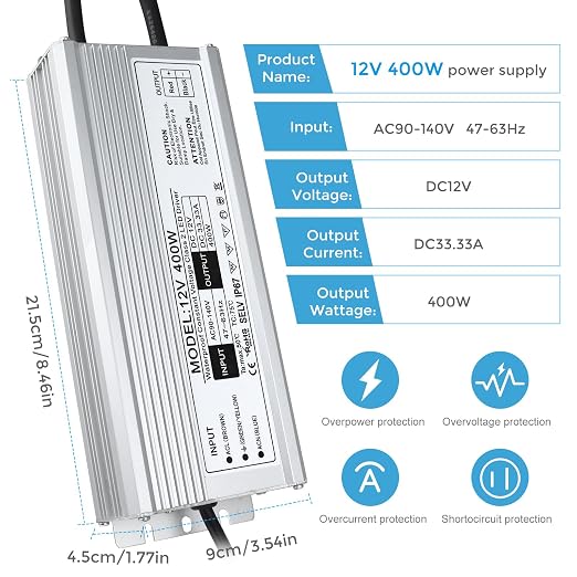12V Waterproof LED Power Supply, 175–265V Input, 200W–500W, Single/Dual Wire Output, Aluminum Housing, Outdoor LED Driver, CE/RoHS/FCC — UK/EU Plug & Wire Leads Options