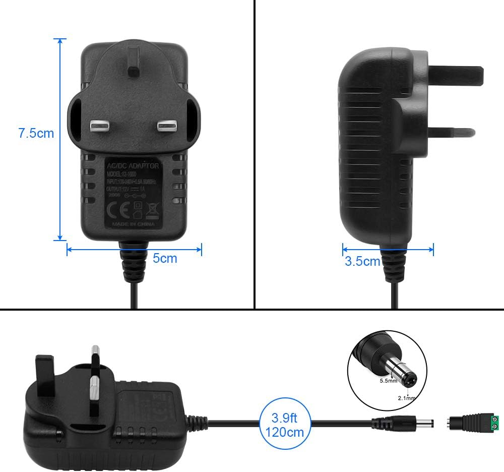 12-V-Netzteiladapter 12 W/24 W, AC 100–240 V Eingang, Wandstecker-Transformator, schwarzes Gehäuse – US/UK-Stecker, LED-Treiber für Streifen/CCTV/Elektronik 