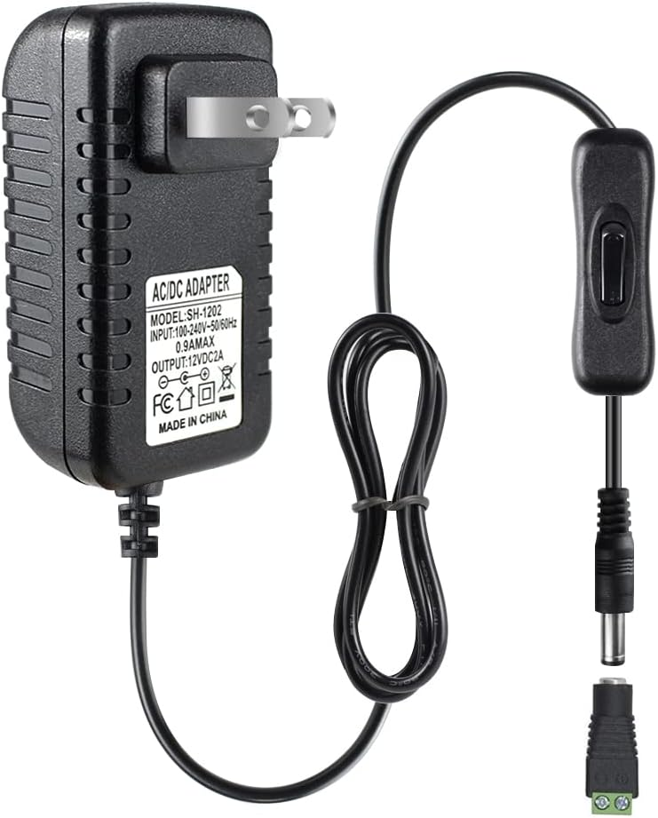 DC 12V Power Supply Adapter with On/Off Switch, 12W/24W/36W Options, US Plug, Black/White Housing, 100–240V AC Input, Wall Plug Charger for LED Strip Lights and Electronics