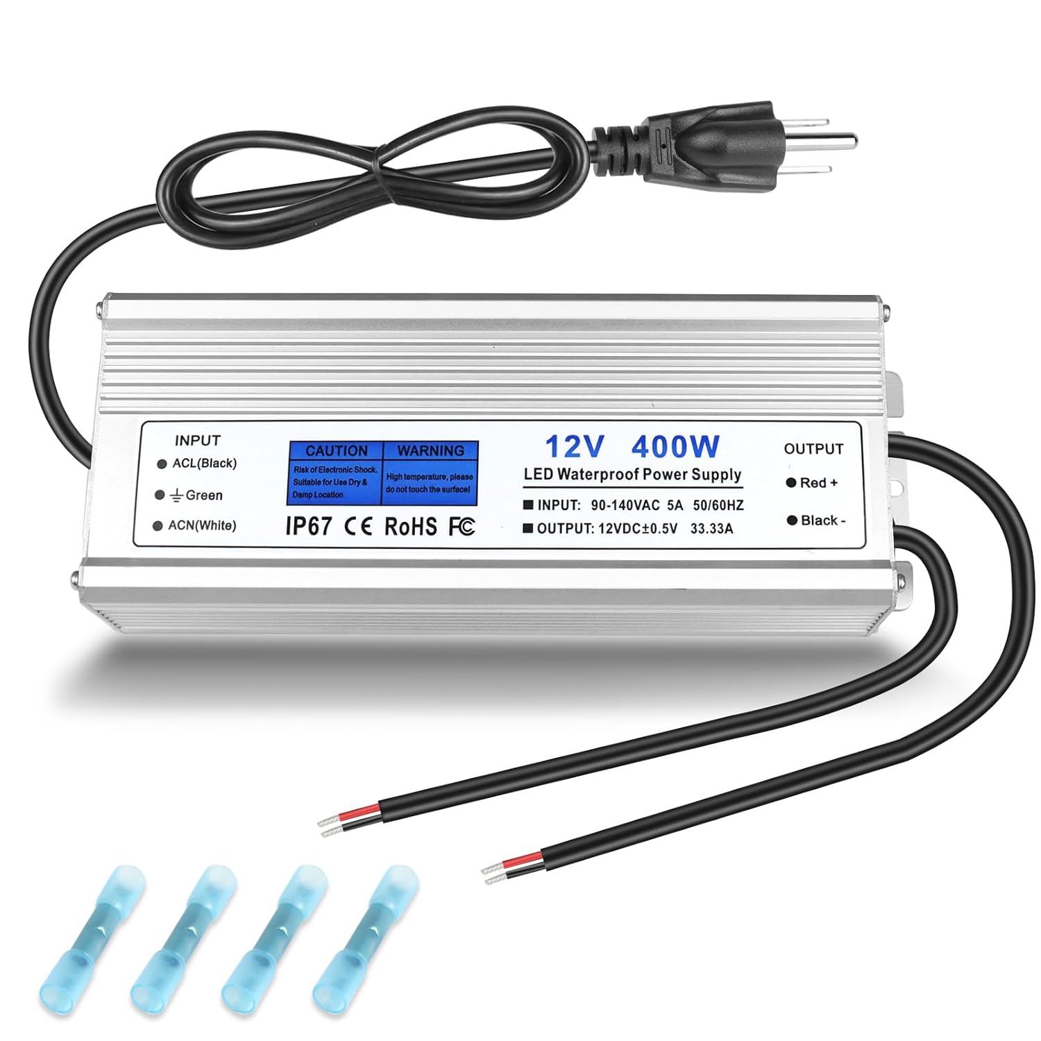 12V Waterproof LED Transformer, 90–140V Input, 200W–500W, Single/Dual Wire Output, CE/RoHS/FCC — US Plug & Wire Leads Options