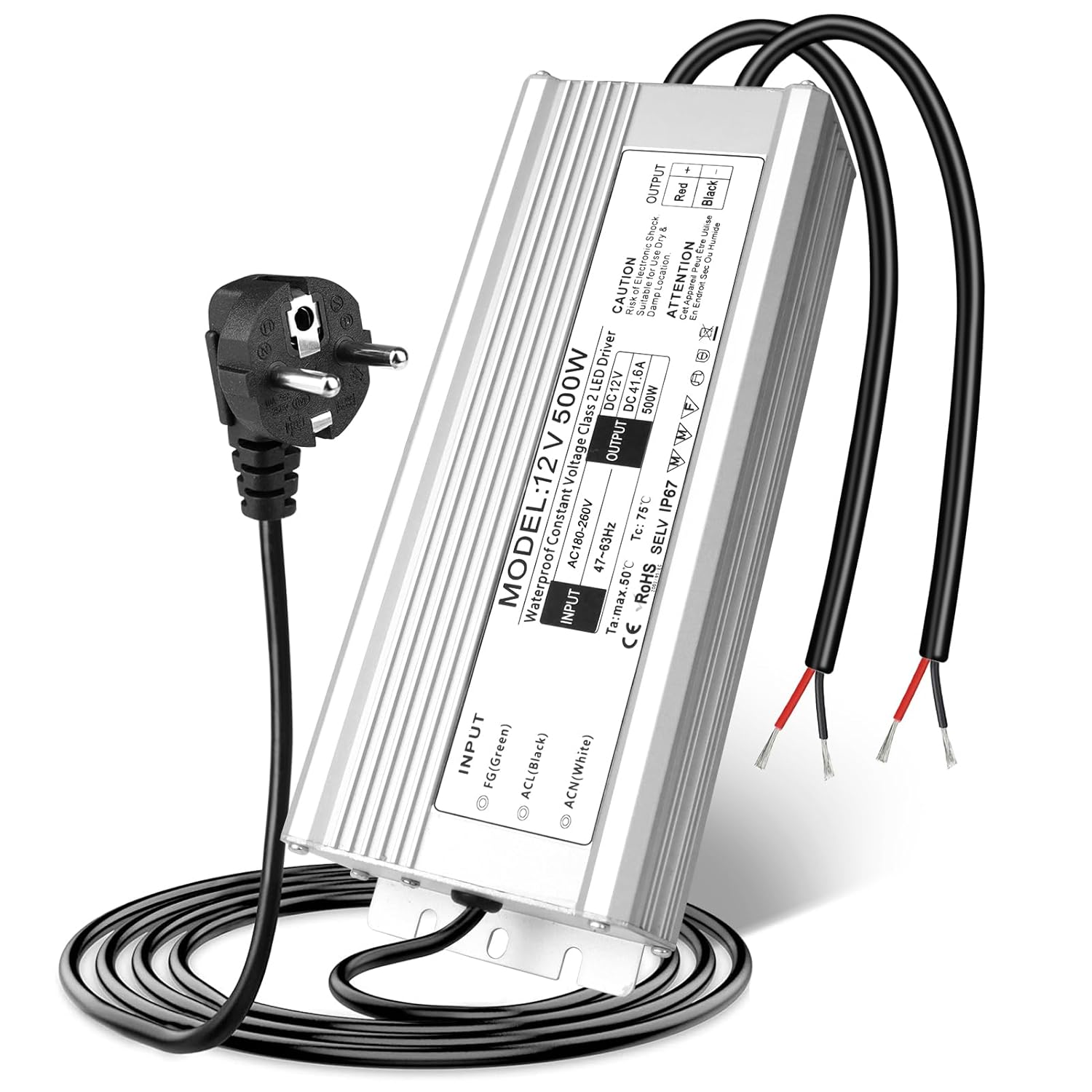 Wasserdichtes 12-V-LED-Netzteil, 175–265 V Eingang, 200–500 W, Einzel-/Doppelkabelausgang, LED-Treiber für den Außenbereich, CE/RoHS/FCC – UK/EU-Stecker und Kabeloptionen