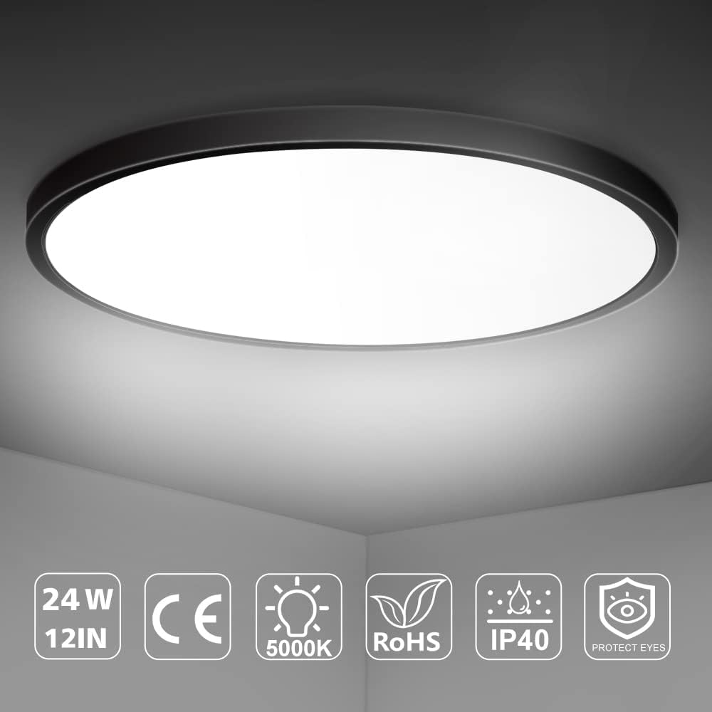 Plafonnier LED rond AC 220–240 V – Noir – Options 12 W / 18 W / 24 W / 32 W – 3 000 K / 4 500 K / 5 000 K / 6 500 K – Plafonnier encastré – Stock local (Royaume-Uni/Allemagne)