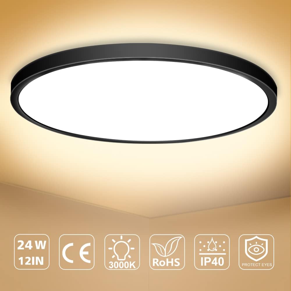 Plafonnier LED rond AC 220–240 V – Noir – Options 12 W / 18 W / 24 W / 32 W – 3 000 K / 4 500 K / 5 000 K / 6 500 K – Plafonnier encastré – Stock local (Royaume-Uni/Allemagne)