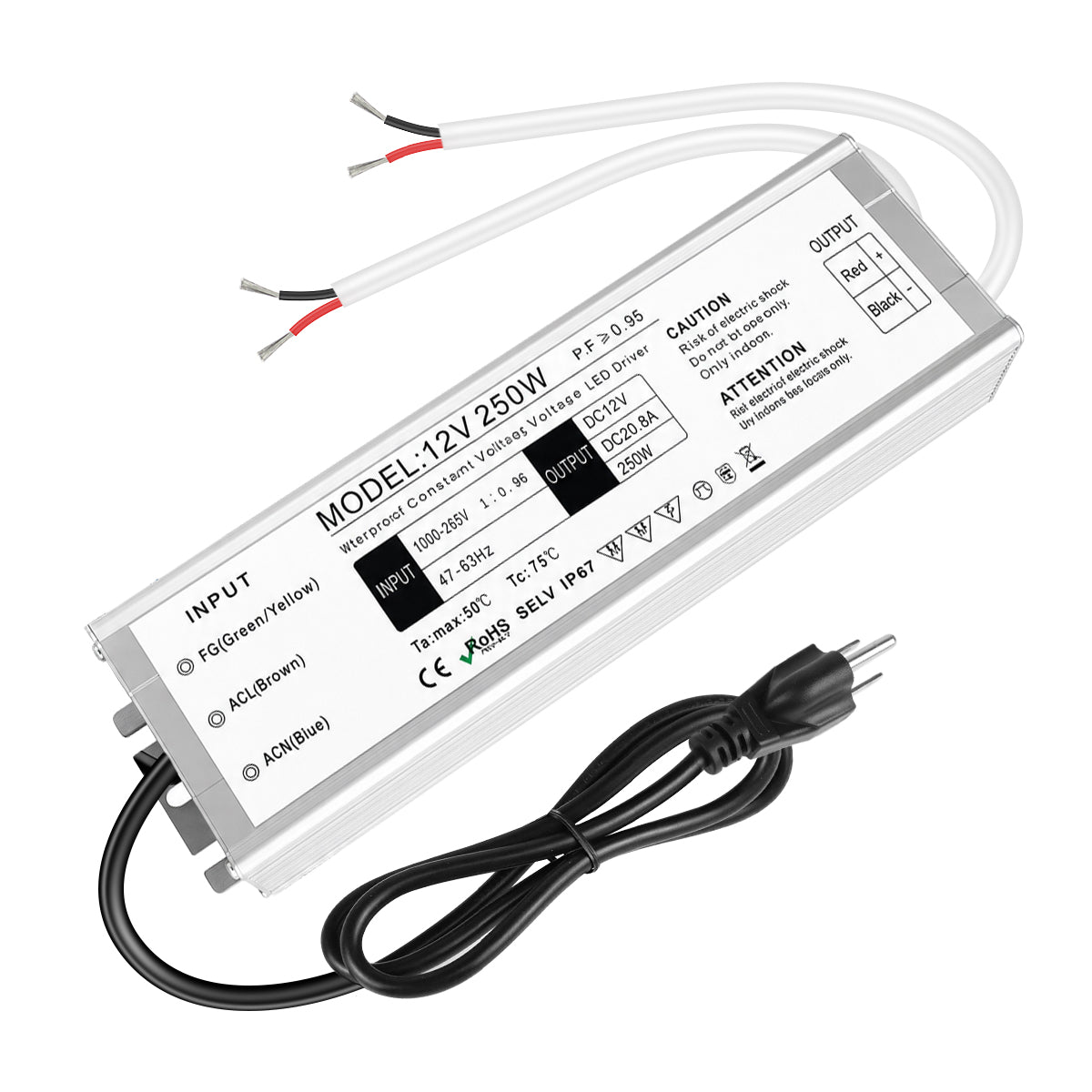 12V Waterproof LED Power Supply 30W–280W, 90–265V Input, Single/Dual Wire Output, Aluminum Housing, Outdoor LED Driver, CE/RoHS/FCC —US/UK/EU Plug & Wire Leads Options