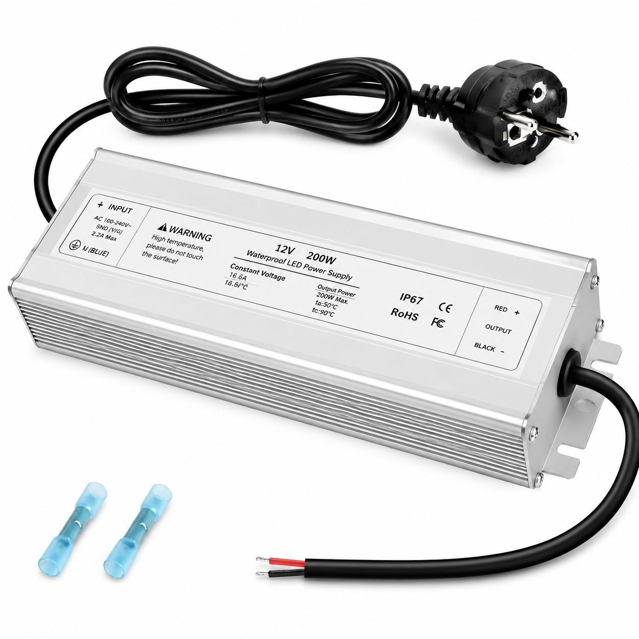 12V Waterproof LED Power Supply, 175–265V Input, 200W–500W, Single/Dual Wire Output, Aluminum Housing, Outdoor LED Driver, CE/RoHS/FCC — UK/EU Plug & Wire Leads Options