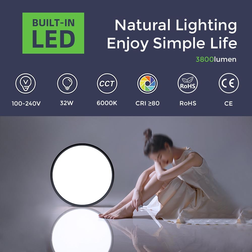 Plafonnier LED rond AC 220–240 V – Noir – Options 12 W / 18 W / 24 W / 32 W – 3 000 K / 4 500 K / 5 000 K / 6 500 K – Plafonnier encastré – Stock local (Royaume-Uni/Allemagne)
