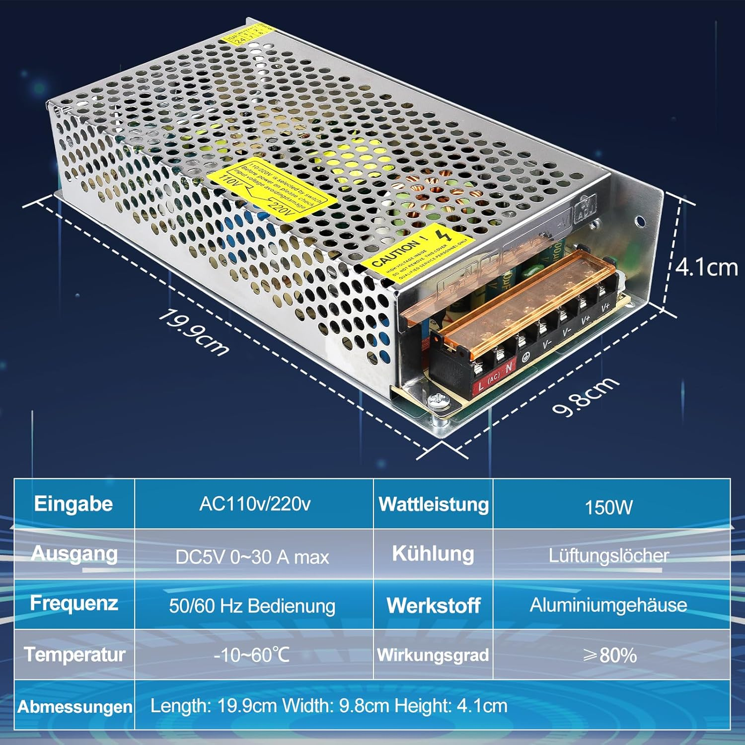 Alimentation à découpage CC 5 V 10 W–300 W, entrée CA 110/220 V, transformateur pour bande LED, boîtier métallique industriel avec bornes, certifié CE/FCC/RoHS (300 W avec ventilateur) 