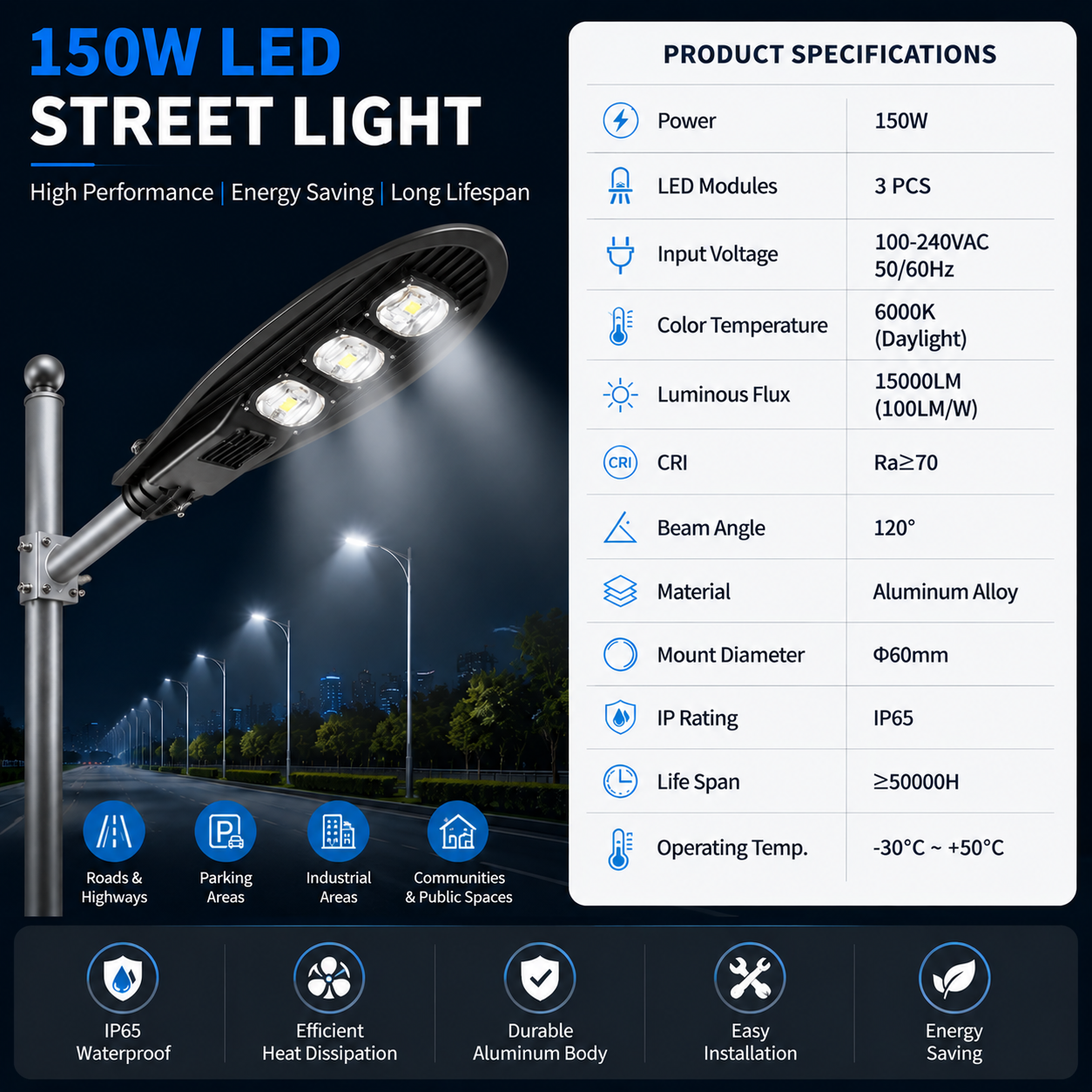 150W LED Street Light Outdoor Road Lamp with 3 High Brightness LED Modules, IP65 Waterproof Die-Cast Aluminum Housing, Energy Saving Parking Lot & Highway Lighting Fixture