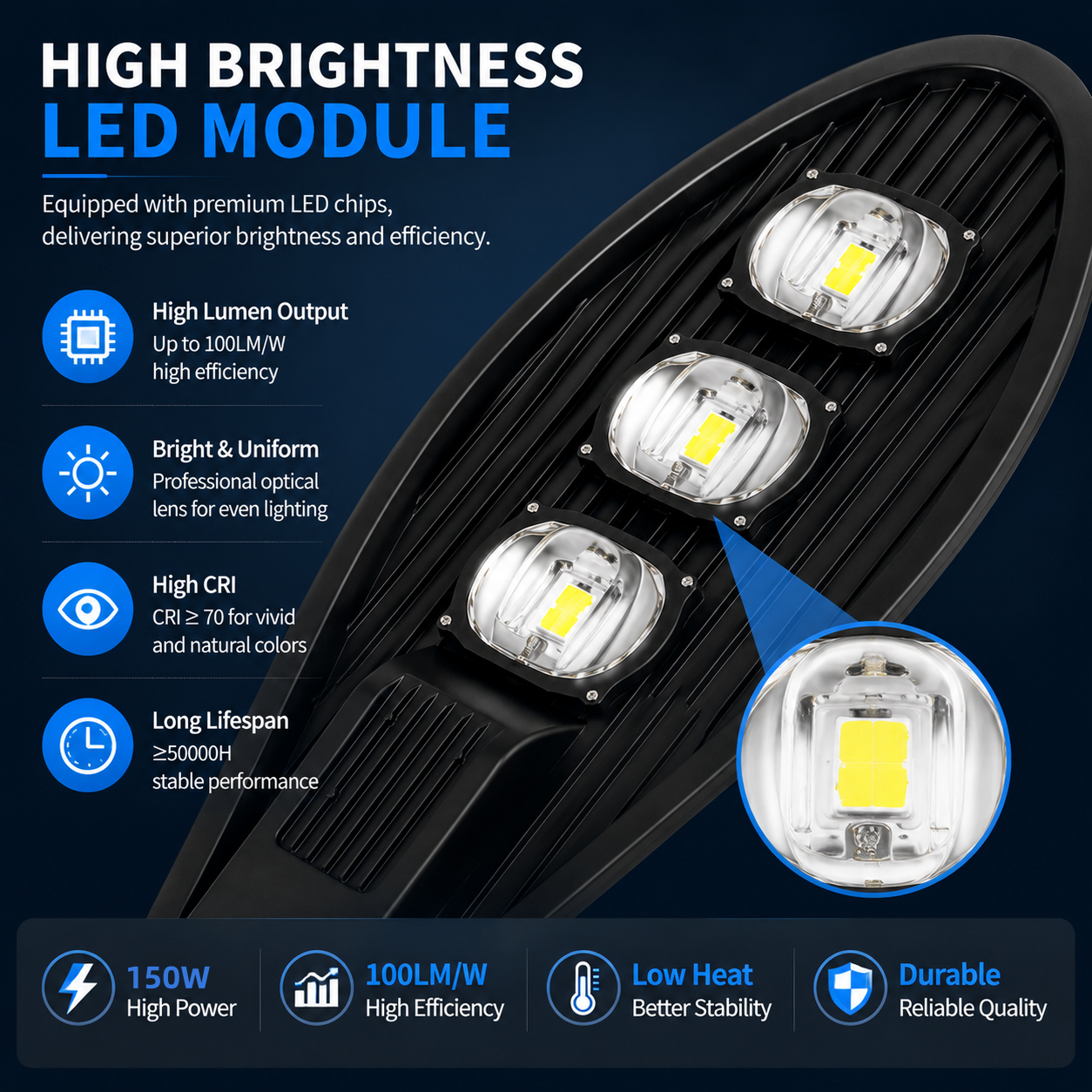 150W LED Street Light Outdoor Road Lamp with 3 High Brightness LED Modules, IP65 Waterproof Die-Cast Aluminum Housing, Energy Saving Parking Lot & Highway Lighting Fixture
