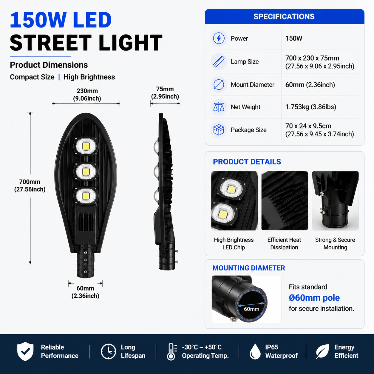 150W LED Street Light Outdoor Road Lamp with 3 High Brightness LED Modules, IP65 Waterproof Die-Cast Aluminum Housing, Energy Saving Parking Lot & Highway Lighting Fixture