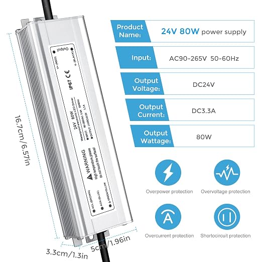 24V Waterproof LED Power Supply 30W–300W, 90–265V Input, Single/Dual Wire Output, Aluminum Housing, Outdoor LED Driver, CE/RoHS/FCC — US/UK/EU Plug & Wire Leads Options