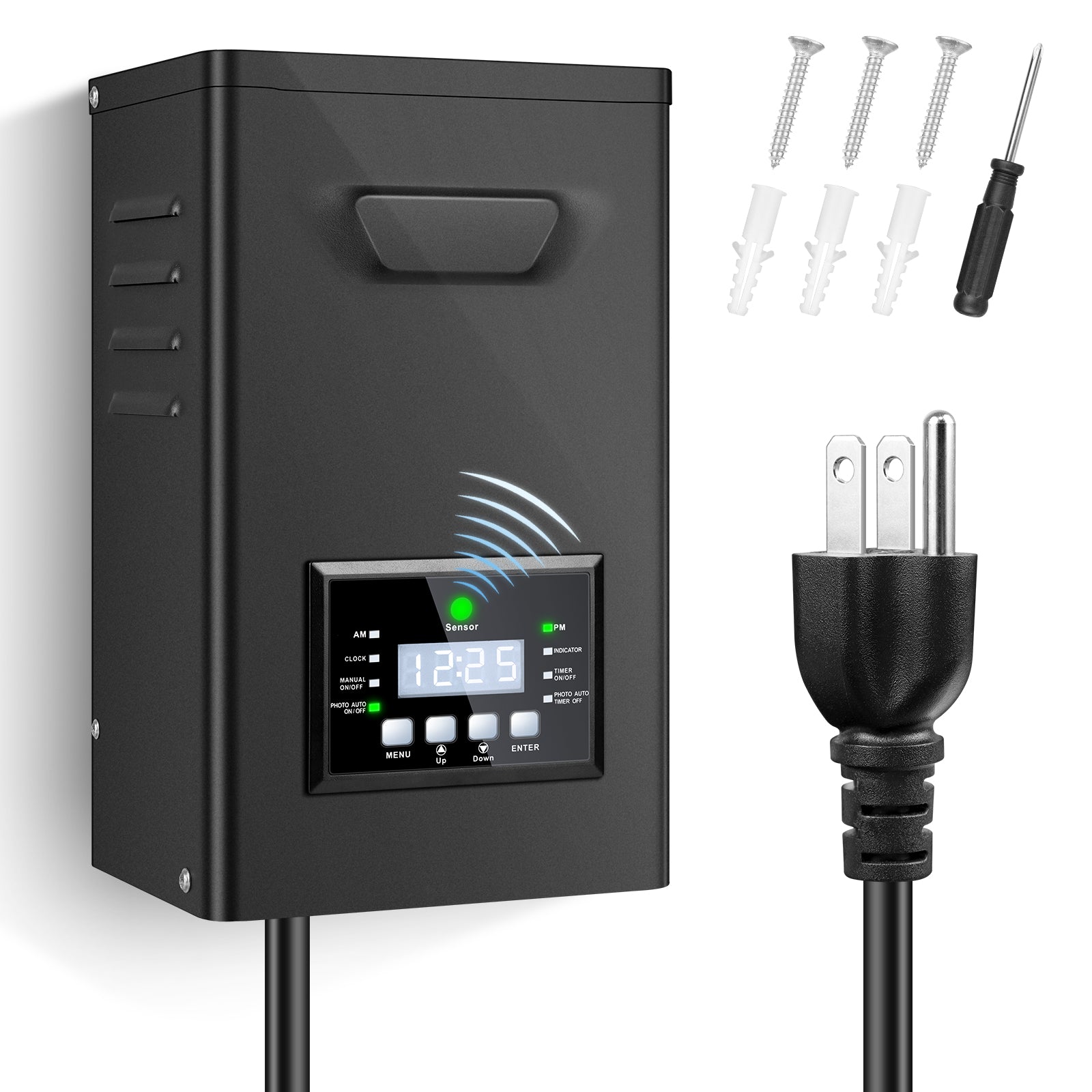 Transformateur basse tension 150 W/170 W avec minuterie et cellule photoélectrique, alimentation extérieure 120 V CA vers 12 V/15 V CA pour éclairage de jardin et d'allée. 