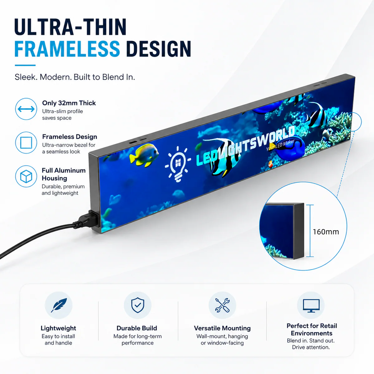 FL Series FramelessLED Shop Display – P1.86 · 160×960mm | Ultra-Thin GOB Screen for Store Windows & Retail Interiors