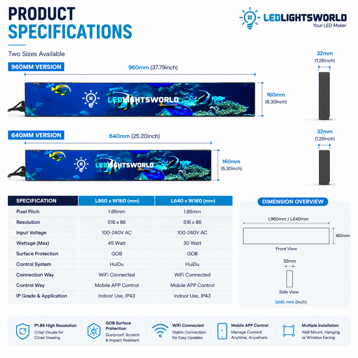 Rahmenloses LED-Ladendisplay der FL-Serie – P1.86 · 160×960 mm | Ultradünner GOB-Bildschirm für Schaufenster und Einzelhandelsräume