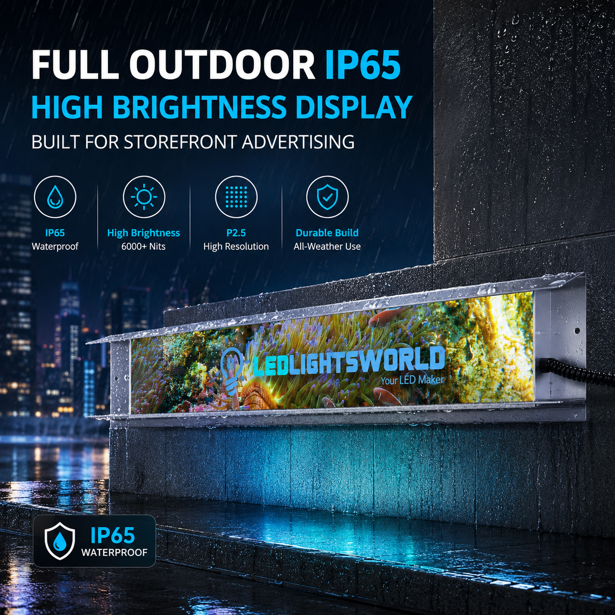 FR Series Framed Outdoor LED Shop Display – P2.5 · 160×960mm | Waterproof High-Brightness Screen for Storefronts & Building Exteriors