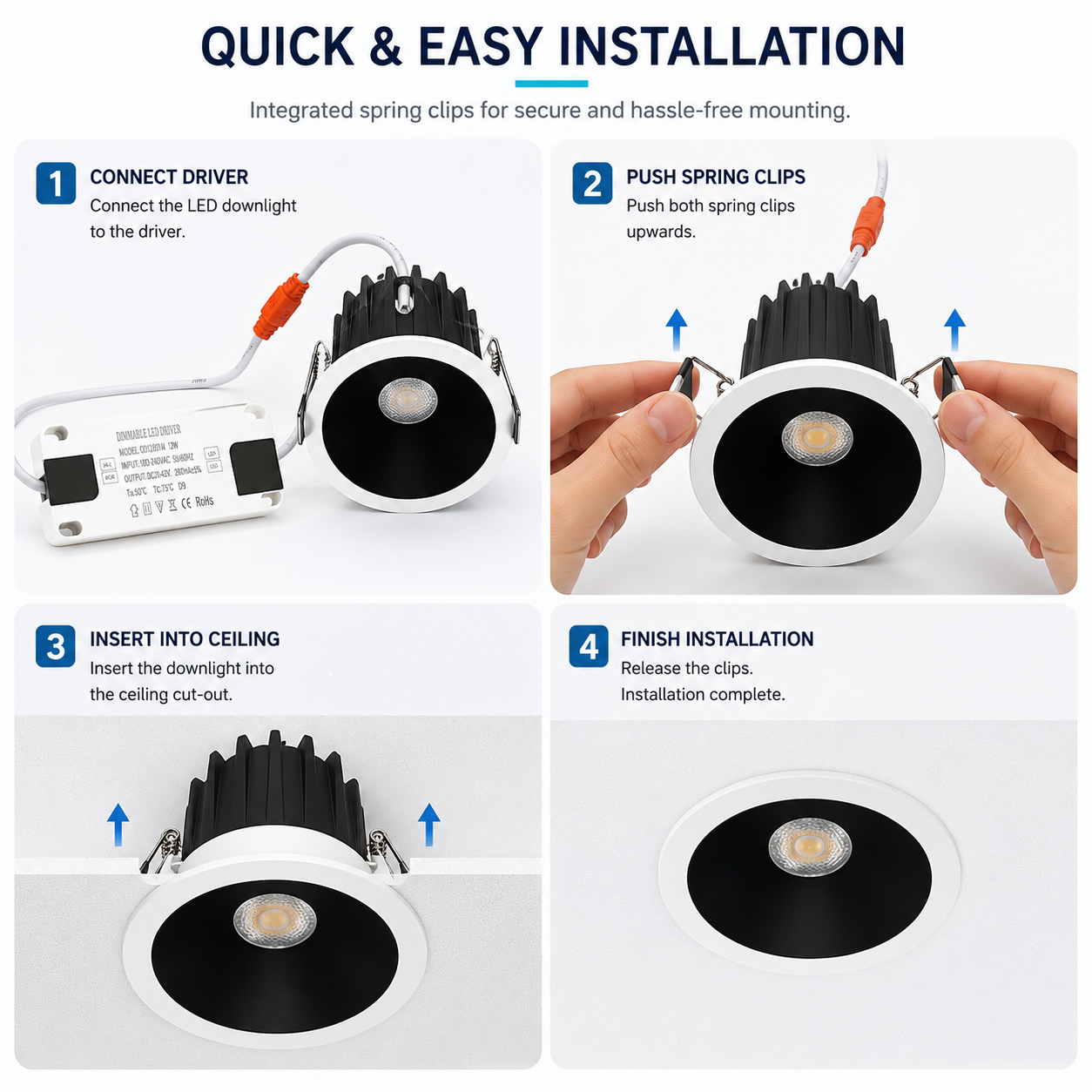 4er-Pack dimmbares 2-Zoll-LED-Downlight, 3 W (entspricht 35 W Halogen), LED-Deckenleuchte mit schwarzem Rand