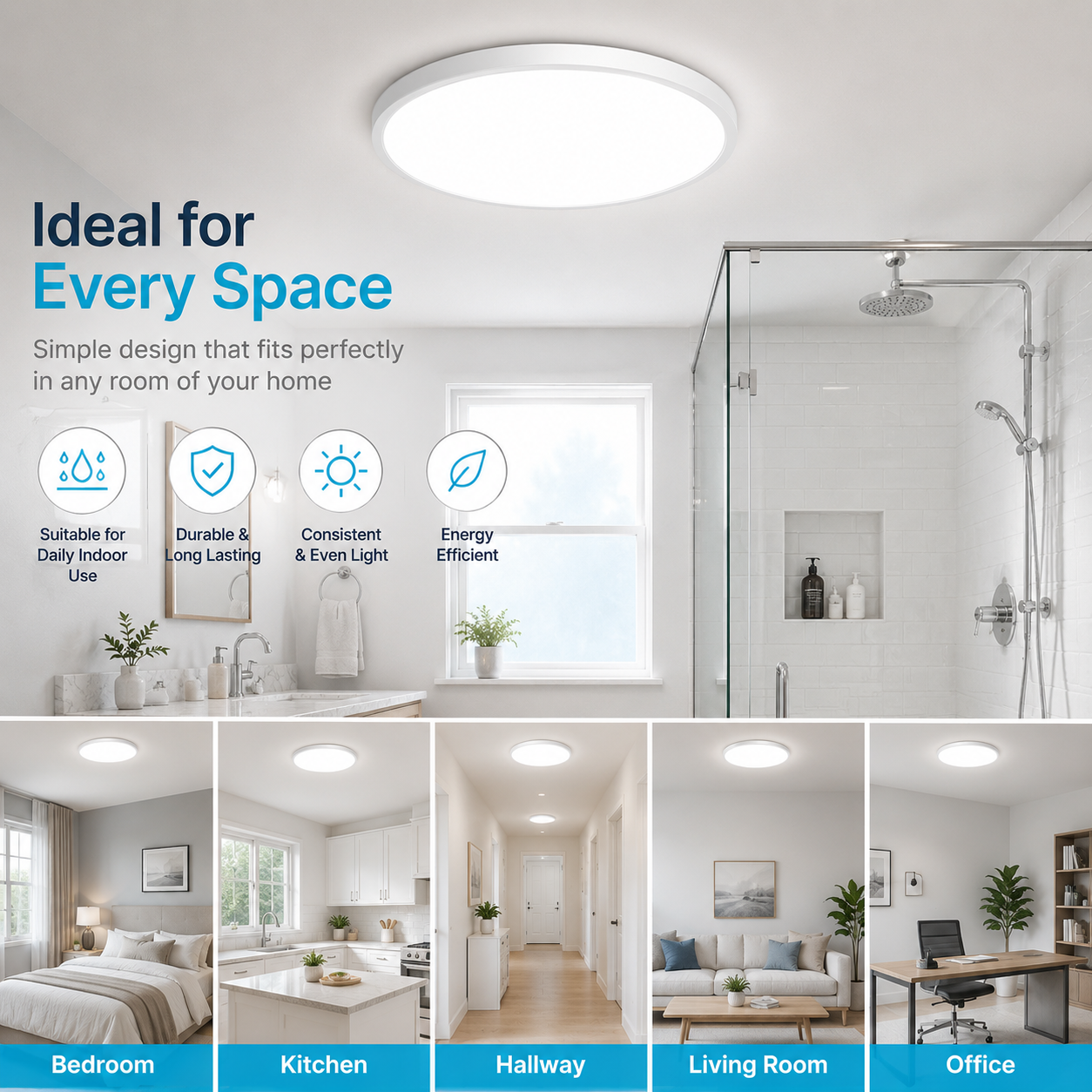 Runde 9-Zoll-LED-Deckenleuchte – 18 W – Weiß – 3000 K / 4500 K / 5000 K / 6500 K – Deckenleuchte zur Unterputzmontage – Lokaler Lagerbestand (USA/UK/DE)