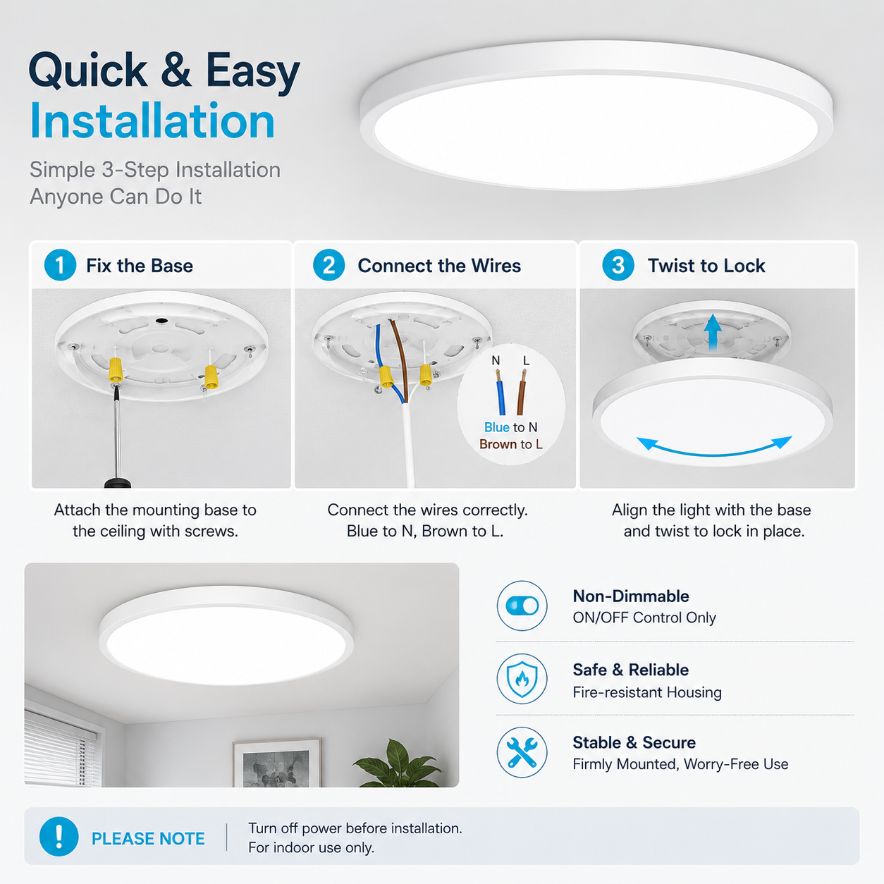Runde 9-Zoll-LED-Deckenleuchte – 18 W – Weiß – 3000 K / 4500 K / 5000 K / 6500 K – Deckenleuchte zur Unterputzmontage – Lokaler Lagerbestand (USA/UK/DE)