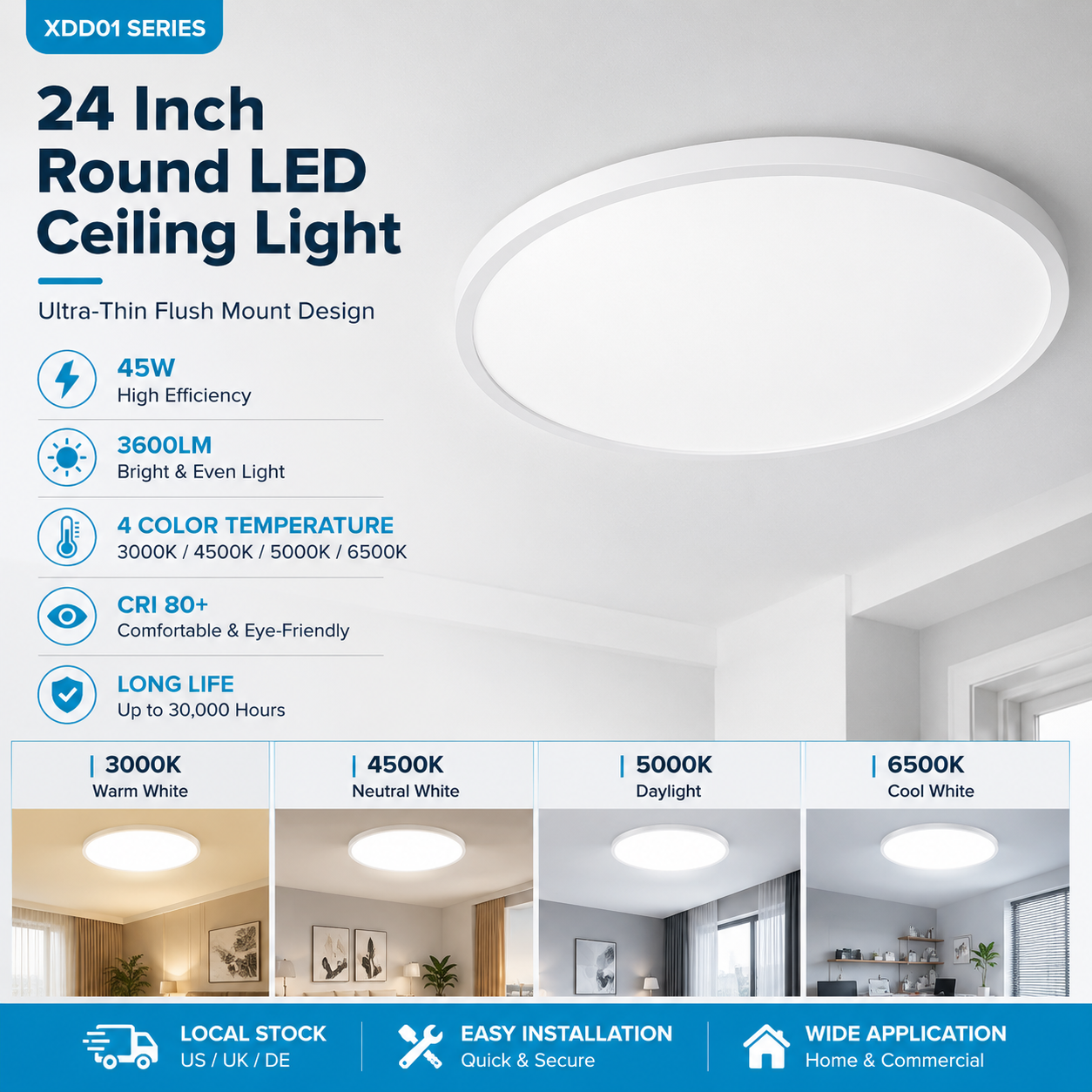24 Inch Round LED Ceiling Light – 45W – White – 3000K / 4500K / 5000K / 6500K – Flush Mount Ceiling Light – Local Stock (US/UK)