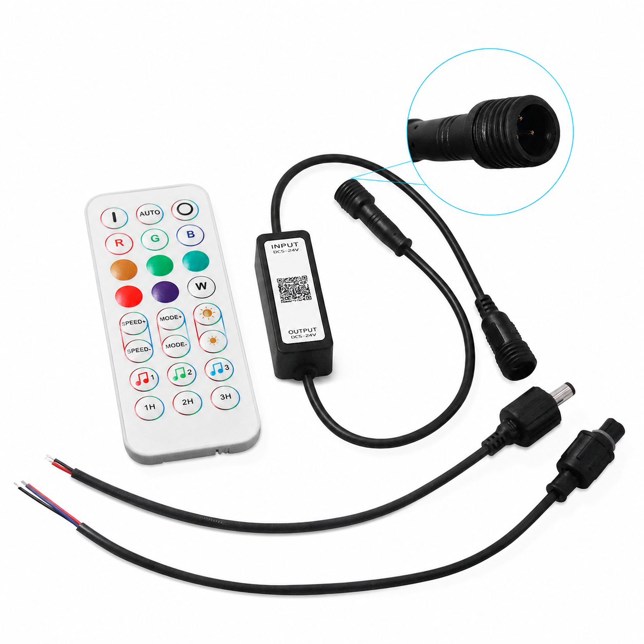 RGB LED Strip Controller – DC5V-24V | Waterproof Wireless RGB Controller with 24-Key Bluetooth Remote | For LED Strips