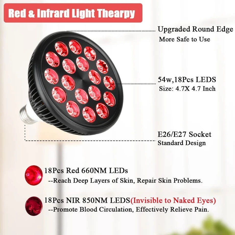 Lampe LED PAR38 à double puce 18 x 3 W, thérapie rouge, 660 nm (rouge) + 850 nm (NIR), double longueur d'onde synergique, avec support de sol évolutif et clip de table
