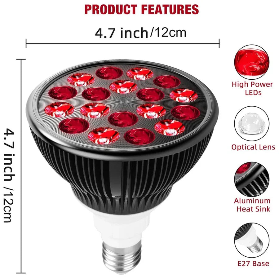 Lampe LED PAR38 à double puce 18 x 3 W, thérapie rouge, 660 nm (rouge) + 850 nm (NIR), double longueur d'onde synergique, avec support de sol évolutif et clip de table