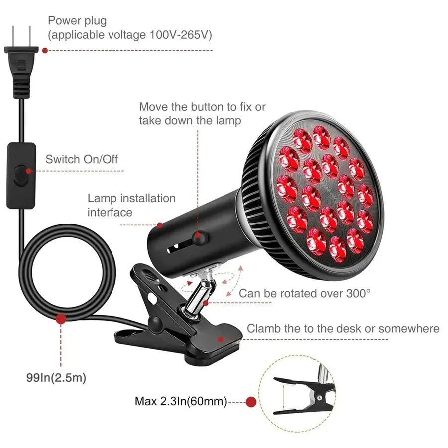 Lampe LED PAR38 à double puce 18 x 3 W, thérapie rouge, 660 nm (rouge) + 850 nm (NIR), double longueur d'onde synergique, avec support de sol évolutif et clip de table