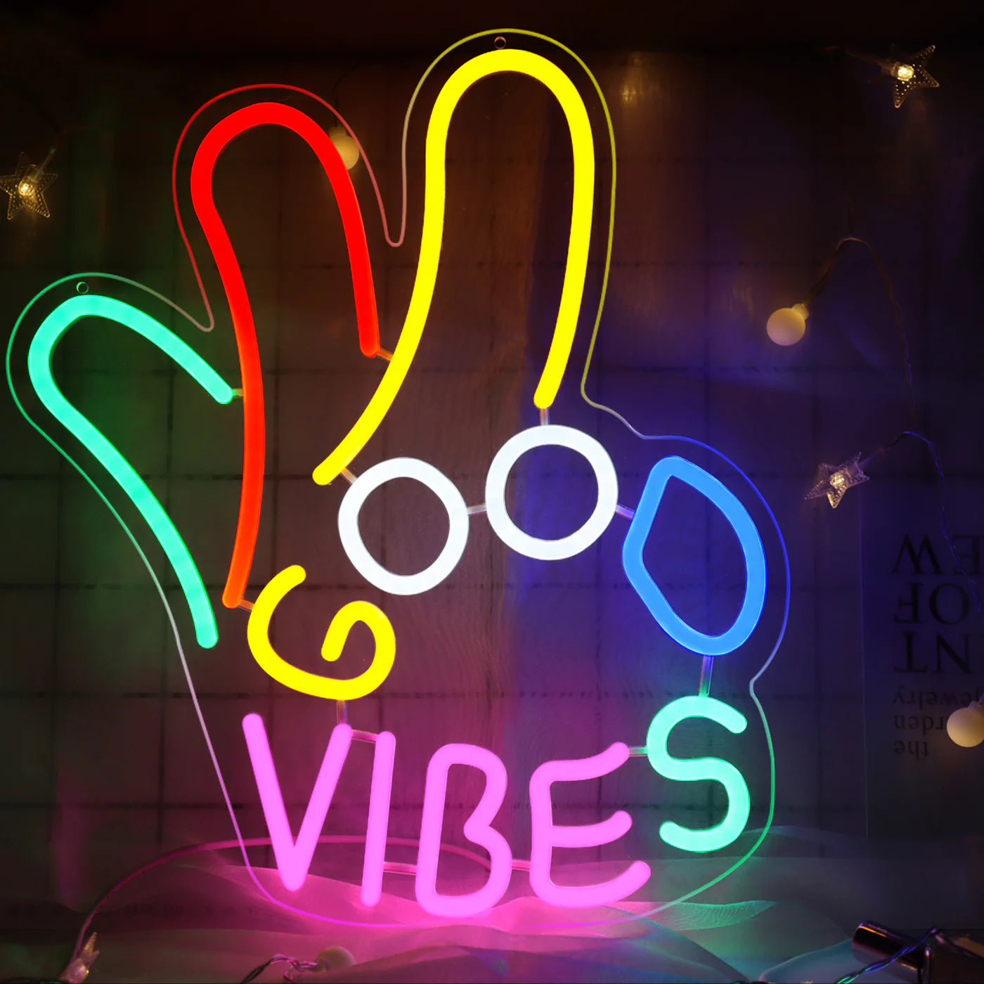 Panneau LED « Good Vibes » – Main OK | 43 cm x 33 cm | Néon USB pour décoration murale | À suspendre | Idéal pour chambre, dortoir, salon, fête 