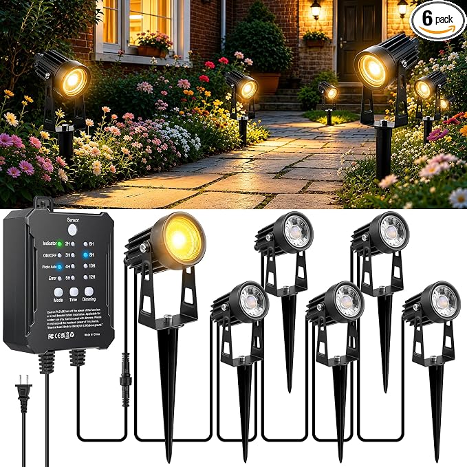 All-in-One Low Voltage Landscape Lighting Kit - 6 / 8 Pack Landscape Lights with Smart Transformer | 3000K Warm White | IP65 Waterproof | Outdoor Lights for Yard Garden Pathway