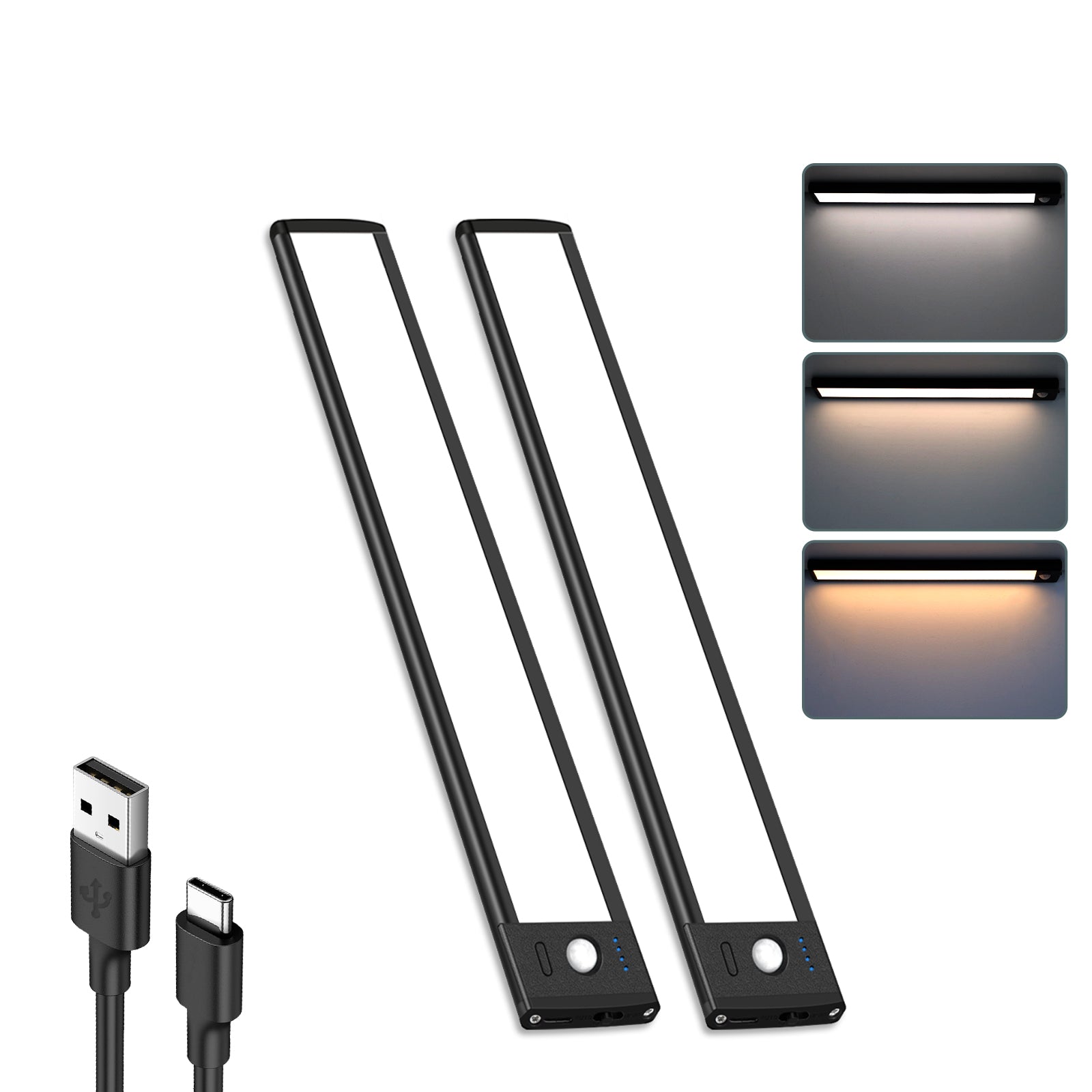 2er-Pack wiederaufladbare Unterschrankleuchten – 10" / 12,7" | 3 CCT (3000 K/4000 K/6000 K) | Bewegungssensor und Touch-Dimmung | Schlankes magnetisches Design | Schwarzes Finish 