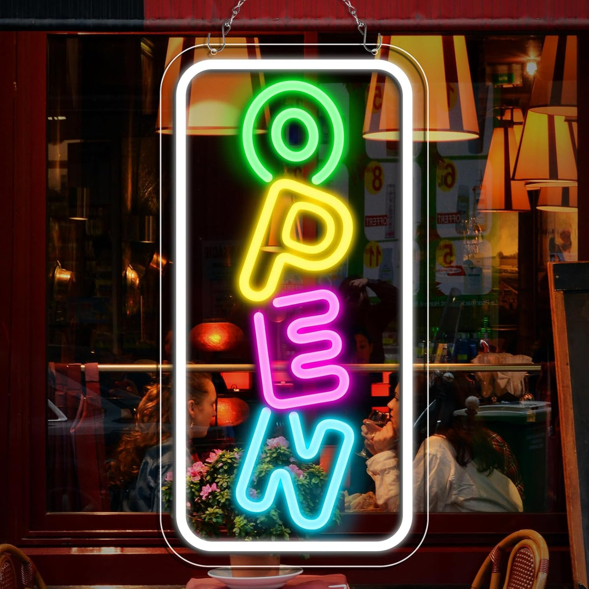 OPEN Neonschild – USB-betrieben | 43×22 cm (17×9 Zoll) | Horizontaler oder vertikaler Stil | Mehrfarbiges LED-Licht für Schaufenster und Geschäftsdekor