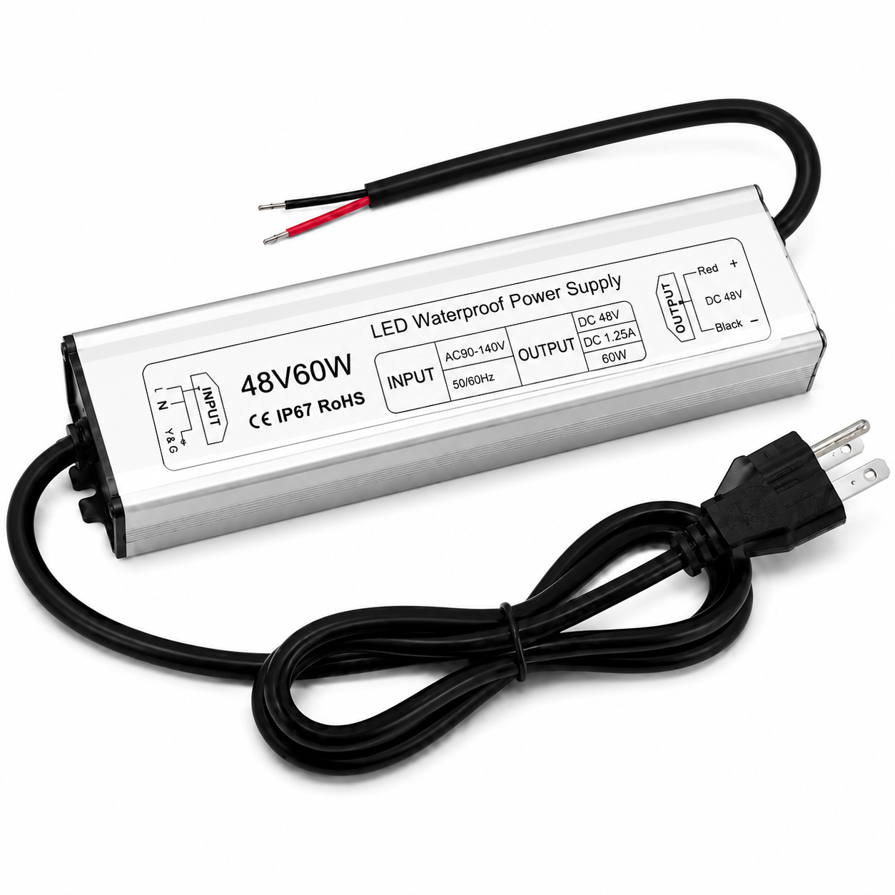 48V Waterproof LED Power Supply 60W–80W, 90–265V AC Input, Single Output Transformer, Aluminum Housing, CE/RoHS/FCC — US/UK/EU Plug & Wire Leads Options