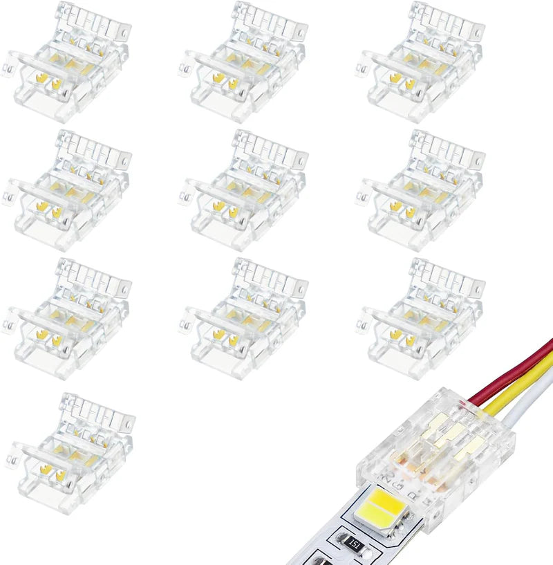 Connecteurs pour bande LED en cristal transparent – ​​Clips sans soudure 10 mm 3 broches | Adaptateur bande à fil / bande à bande / CC – Vente en gros, 500 pièces, MOQ | Direct usine 