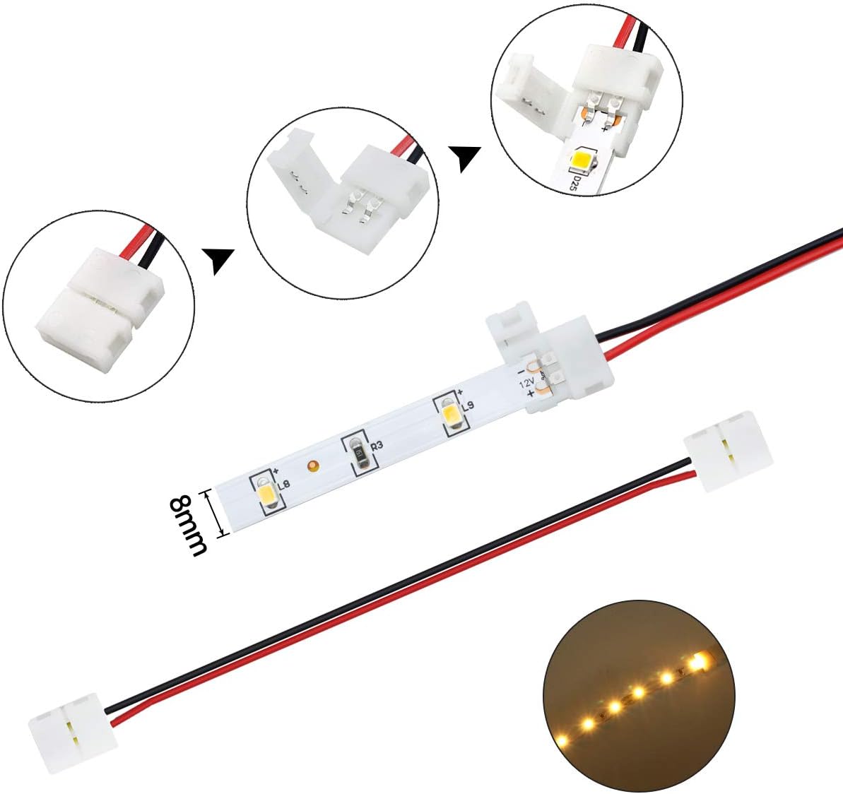 LED Strip Connectors – 10mm 2Pin Solderless Clips | Strip to Wire / Strip to Strip / DC Adapter / L / T – 10-Pack | Local Stock US/UK