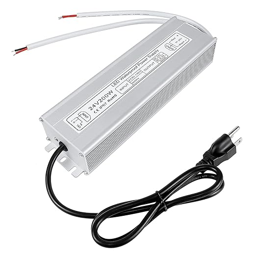 24V Waterproof LED Transformer, 90–140V Input, 200W–500W, Single/Dual Wire Output, CE/RoHS/FCC — US Plug & Wire Leads, Aluminum Housing, Outdoor Lighting Adapter