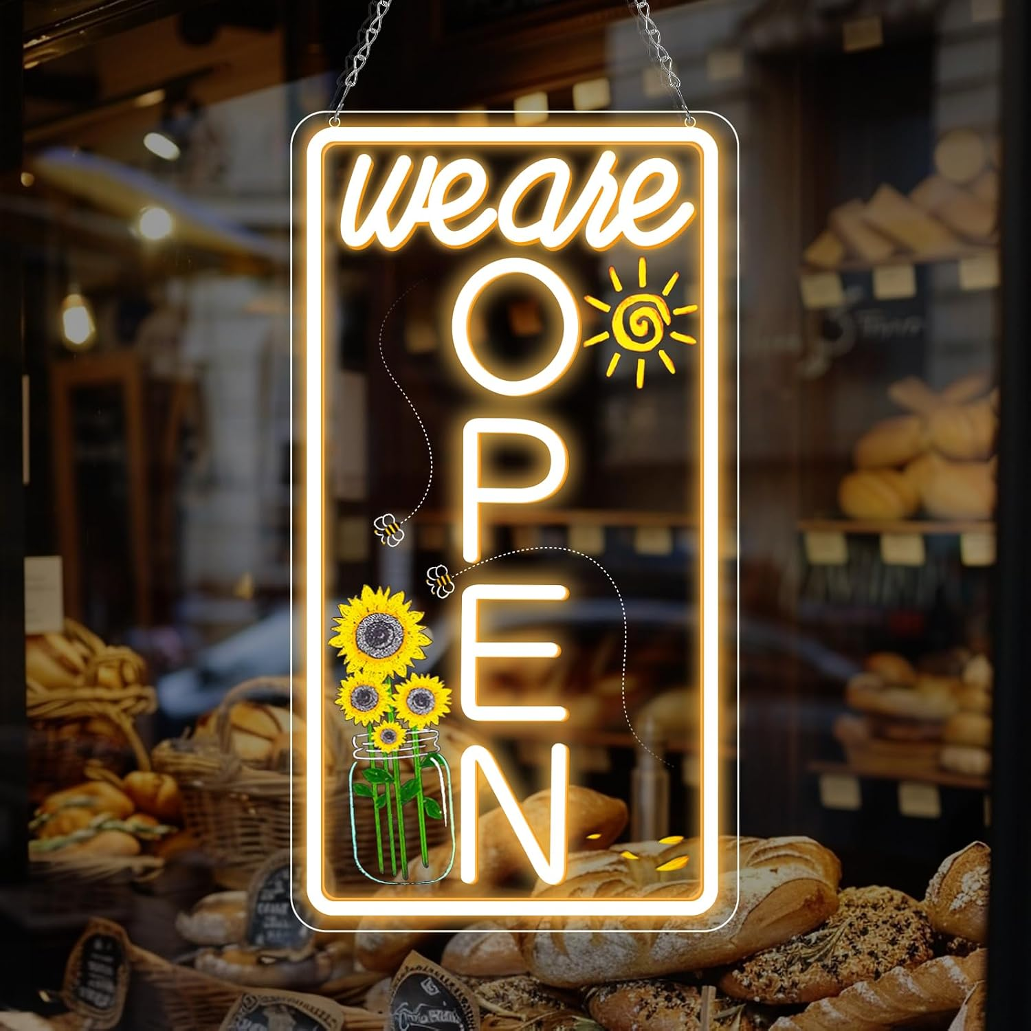 We Are Open Vertical Silicone Neon Signs – Warm White / Neutral White  | 16.5 × 9 inch |Window Hanging | Plug & Play for Storefronts