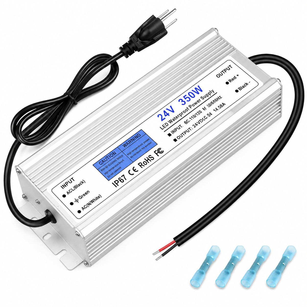 24V Waterproof LED Transformer, 90–140V Input, 200W–500W, Single/Dual Wire Output, CE/RoHS/FCC — US Plug & Wire Leads, Aluminum Housing, Outdoor Lighting Adapter
