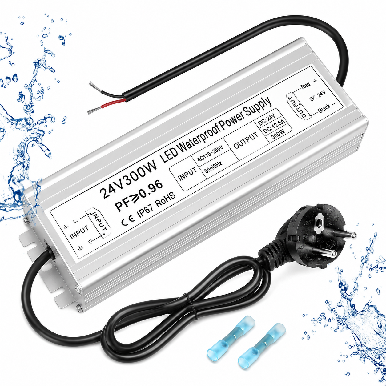 Wasserdichter 24-V-LED-Treiber, 175–265 V Eingang, 200–500 W, Einzel-/Doppelkabelausgang, Netzteil für den Außenbereich, CE/RoHS/FCC – UK/EU-Stecker und Kabeloptionen 