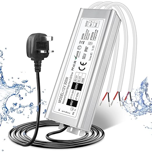 12V Waterproof LED Power Supply 300W, 90–265V Input, Single/Dual/Triple Wire Output, Aluminum Housing, Outdoor LED Driver, CE/RoHS/FCC —US/UK/EU Plug & Wire Leads Options