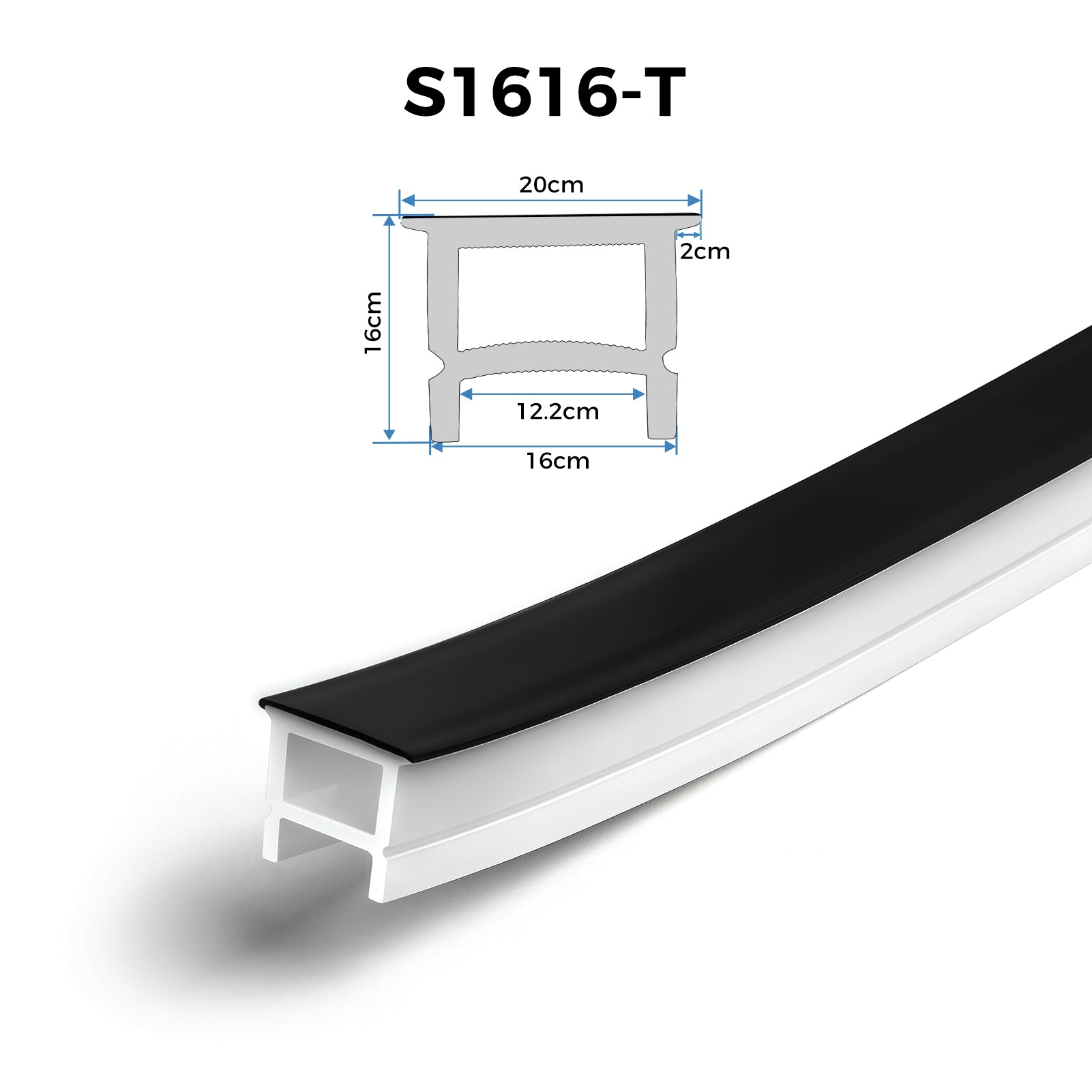 16×16mm Quick Install Neon Light Housing – S1616-T Black Transparent Mounting Edge | Silicone LED Channel System | Max Strip Width ≤12 mm | Top-Emitting Neon Diffuser Cover | for Cove Lighting & LED Signage Lighting | 164FT/50M