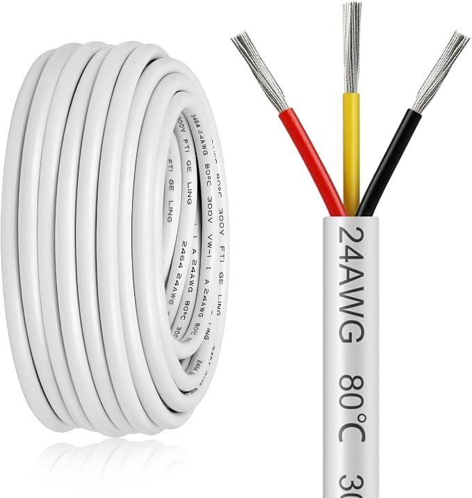 24 AWG Stranded Electrical Wire, 2/3/4/5 Conductor Multi-Core Cable, Black/White PVC Flexible Insulated Cord for Extension & Wiring —10/20/50m (33ft–165ft) Options