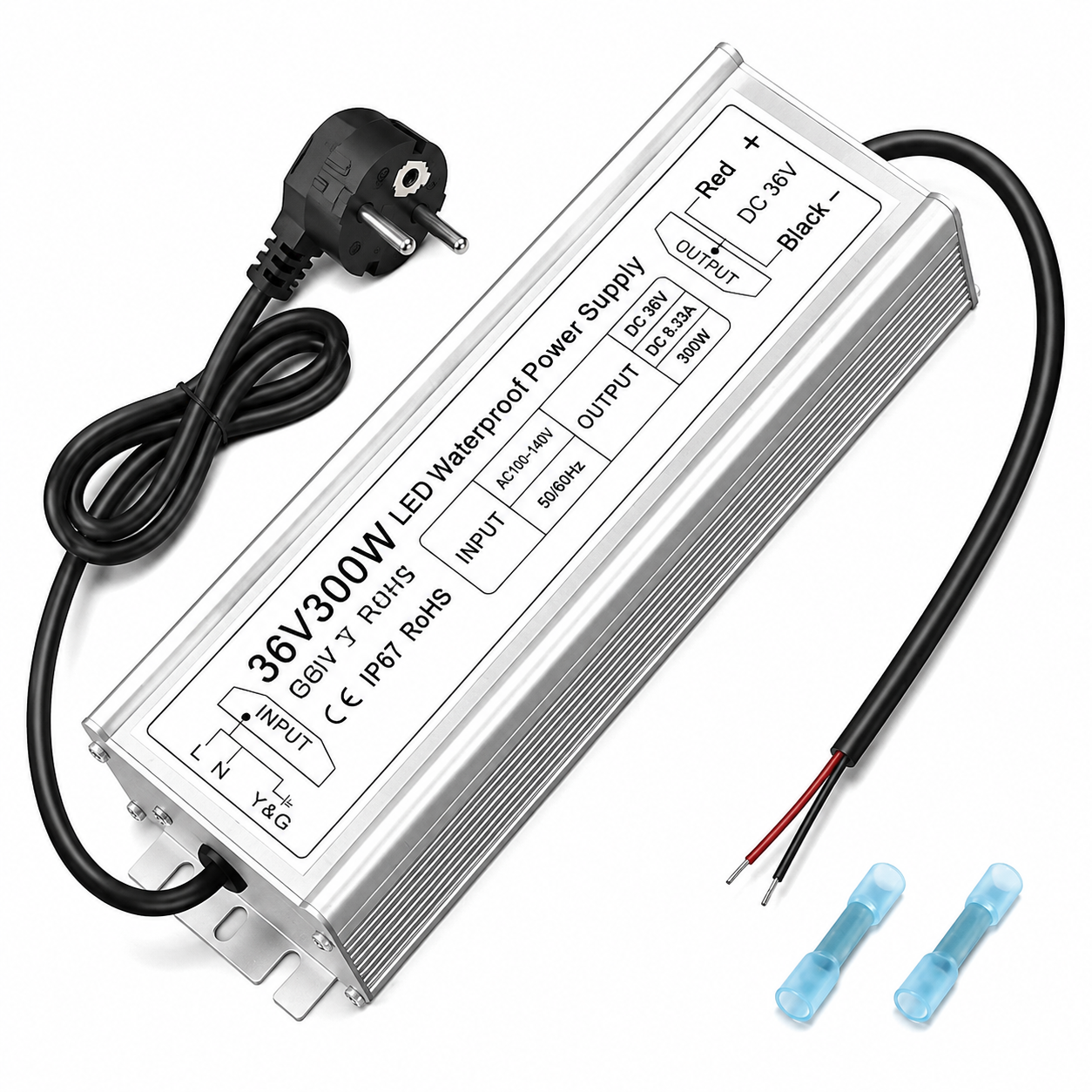 36V LED Power Supply, 175–265V Input, 100W–400W, Aluminum Housing, Constant Voltage Transformer, IP67 Waterproof SMPS, CE/RoHS/FCC — UK/EU Plug & Wire Leads Options