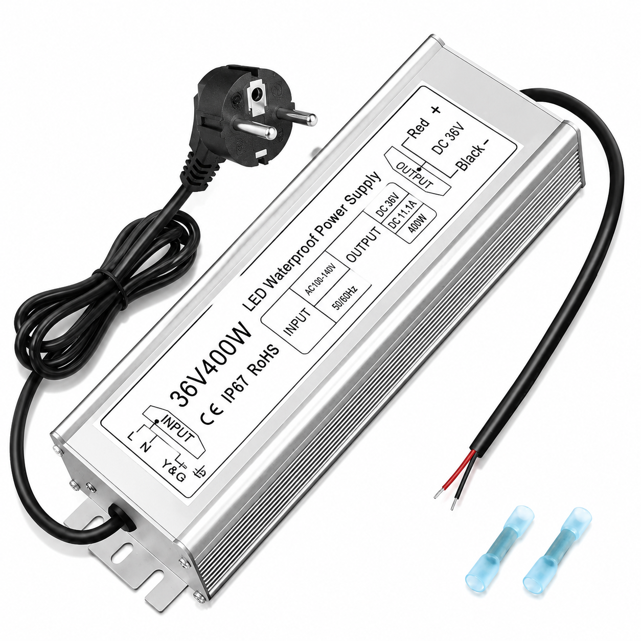 36V LED Power Supply, 175–265V Input, 100W–400W, Aluminum Housing, Constant Voltage Transformer, IP67 Waterproof SMPS, CE/RoHS/FCC — UK/EU Plug & Wire Leads Options