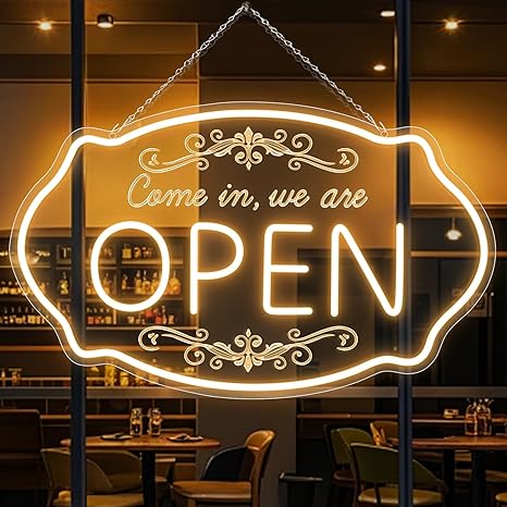 WIR HABEN GEÖFFNET – Neonschild – USB-betrieben | 41×20 cm (16×8 Zoll) | Pfeilförmiges LED-Fensterschild | 3 Farbkombinationen für die Schaufensteranzeige