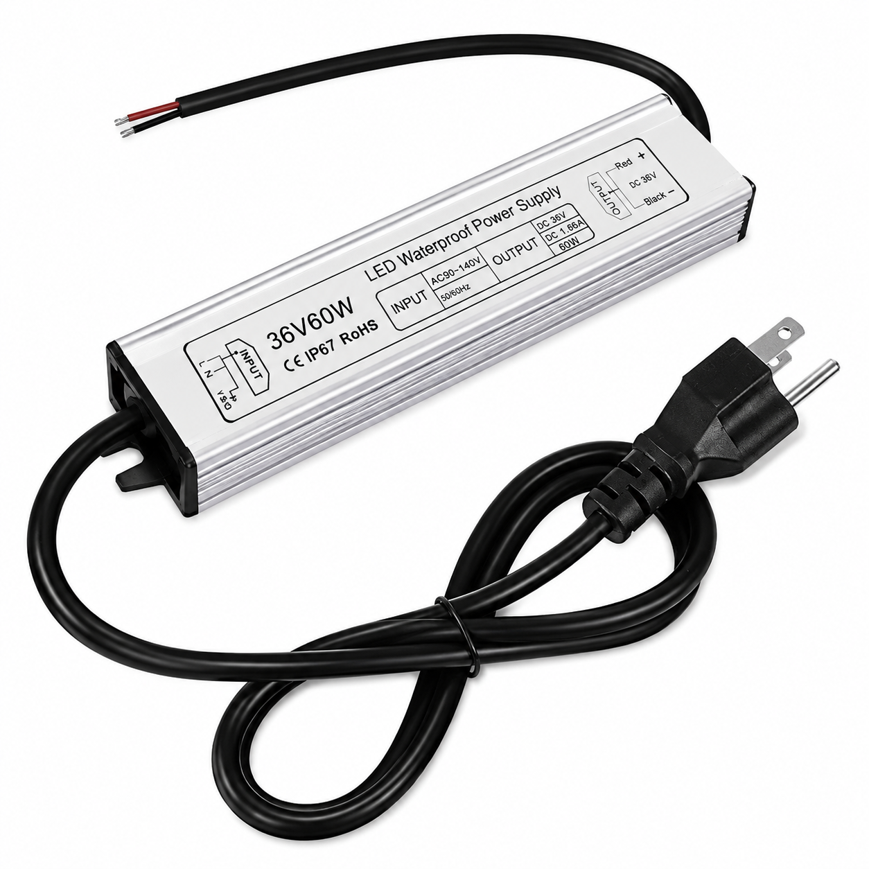 36V Waterproof LED Power Supply 60W–80W, 90–265V AC Input, Single Output Transformer, IP67 SMPS, Aluminum Housing, CE/RoHS/FCC — US/UK/EU Plug & Wire Leads Options