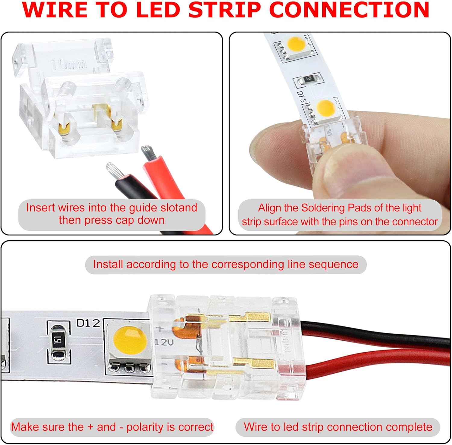 Connecteurs pour bande LED en cristal transparent – ​​Clips sans soudure 10 mm 2 broches | Adaptateur bande à fil / bande à bande / CC – Vente en gros, 500 pièces, MOQ | Direct usine 