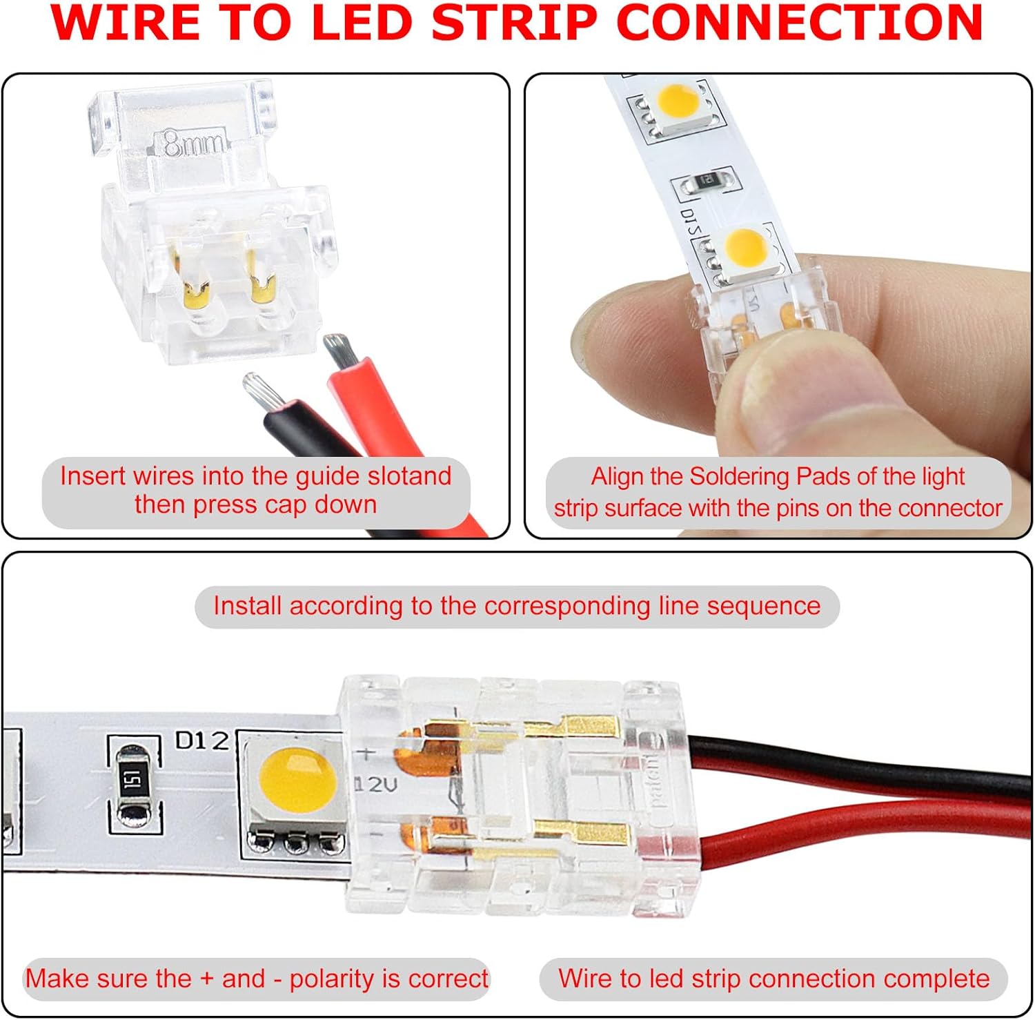 Connecteurs pour bandes LED transparentes en cristal – Clips sans soudure 8 mm 2 broches | Adaptateur bande à fil / bande à bande / CC / L – Stock local États-Unis/Royaume-Uni