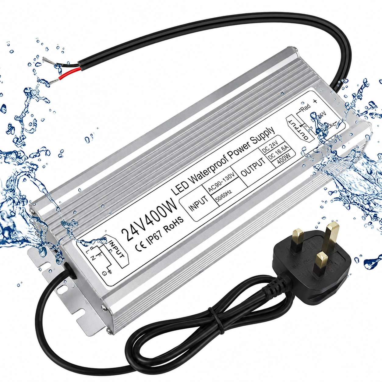 Wasserdichter 24-V-LED-Treiber, 175–265 V Eingang, 200–500 W, Einzel-/Doppelkabelausgang, Netzteil für den Außenbereich, CE/RoHS/FCC – UK/EU-Stecker und Kabeloptionen 